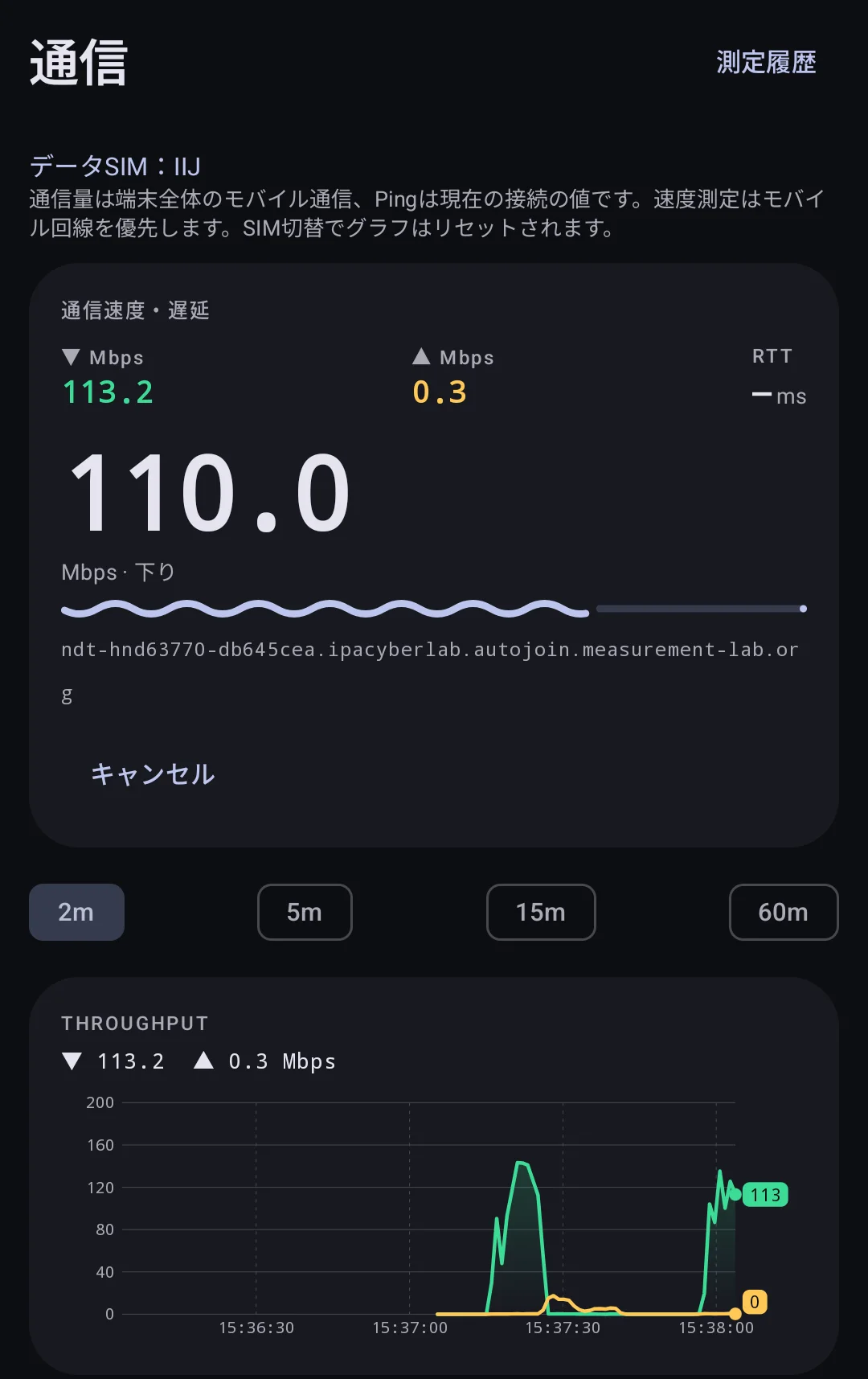 通信タブで NDT7 の速度測定をしている画面。下り約 110 Mbps と、スループットの時系列グラフ