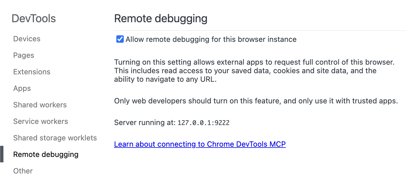 Chrome DevTools の Remote debugging 設定画面。リモートデバッグを許可し、127.0.0.1:9222 でサーバーが起動している状態